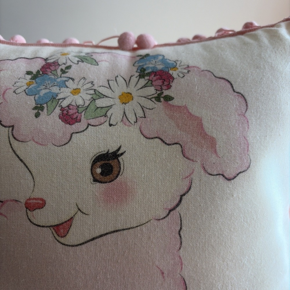Vintage Inspired Kitschy Lamb Throw Pillow Pink Pom Pom Fringe Square Polka Dots - Picture 4 of 16